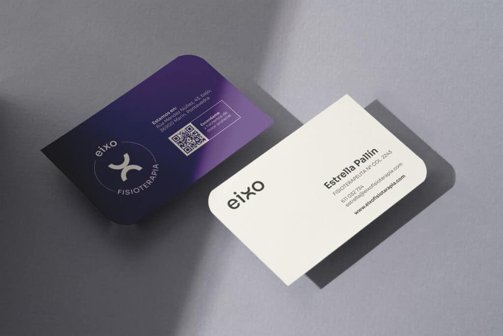 Tarjetas de visita con esquinas redondeadas de Eixo, clínica de fisioterapia